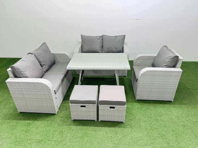 Rackhams 7 Seater Outdoor Rattan Garden Furniture Set Love Sofa Reclining Chair Set with Rectangular Dining Table 2 Small Footstools Light Grey - image 1