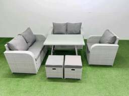 Rackhams 7 Seater Outdoor Rattan Garden Furniture Set Love Sofa Reclining Chair Set with Rectangular Dining Table 2 Small Footstools Light Grey - thumbnail 1