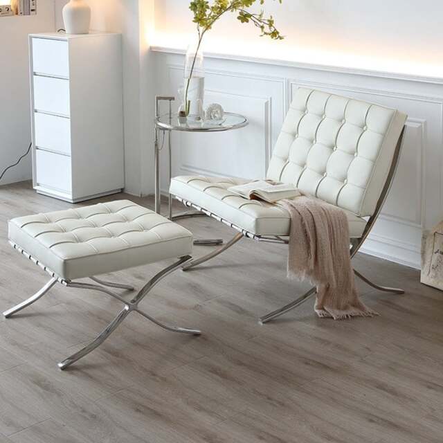Rackhams Barcelona Chair And Ottoman, White Leather - PU Leather
