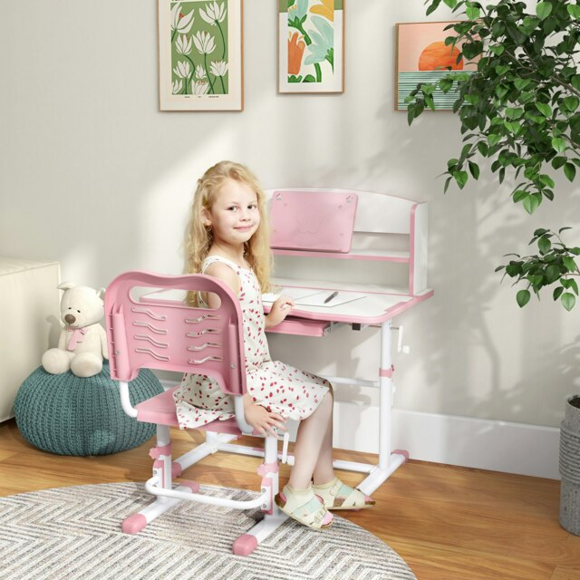 Rackhams ZONEKIZ Kids Desk & Chair Set, Height Adjustable Study Table with Drawer, Bookshelf, Adjustable Angle Tabletop, Non-slip Mat for 6-12 Years - Pink - image 1