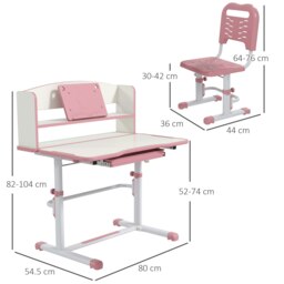Rackhams ZONEKIZ Kids Desk & Chair Set, Height Adjustable Study Table with Drawer, Bookshelf, Adjustable Angle Tabletop, Non-slip Mat for 6-12 Years - Pink - thumbnail 5