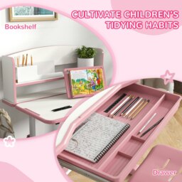 Rackhams ZONEKIZ Kids Desk & Chair Set, Height Adjustable Study Table with Drawer, Bookshelf, Adjustable Angle Tabletop, Non-slip Mat for 6-12 Years - Pink - thumbnail 4