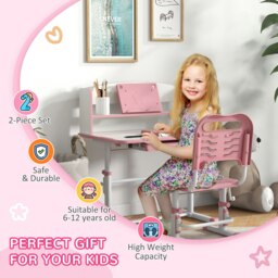 Rackhams ZONEKIZ Kids Desk & Chair Set, Height Adjustable Study Table with Drawer, Bookshelf, Adjustable Angle Tabletop, Non-slip Mat for 6-12 Years - Pink - thumbnail 3
