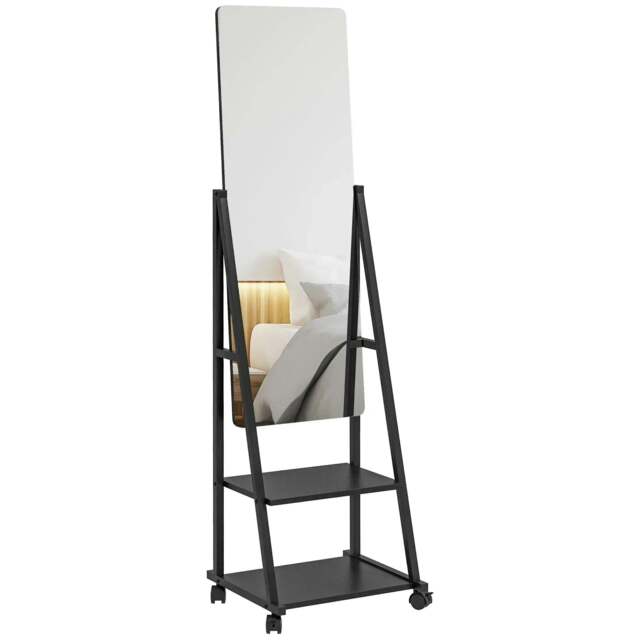 Rackhams Free Standing Dressing Mirror, Rolling Full Length Mirror on Wheels with Adjustable Angle, Storage Shelves for Bedroom - image 1