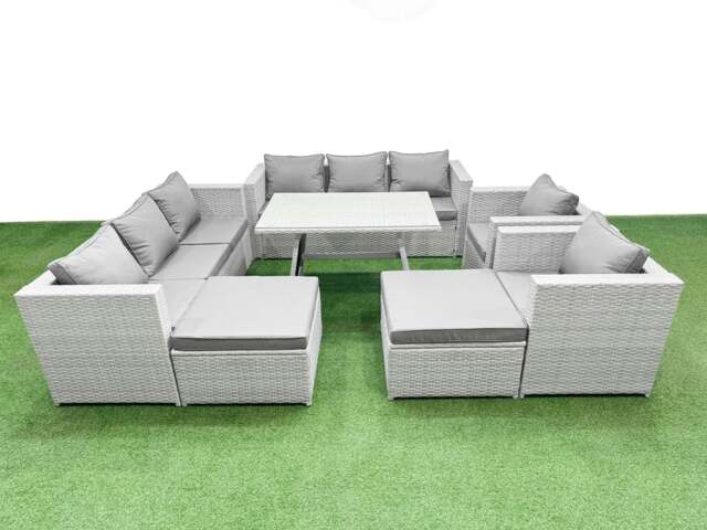 Rackhams 10 Seater Garden Furniture Set PE Rattan Garden Sofa Set with Rectangular Dining Table 2 Big Stool Light Grey - image 1