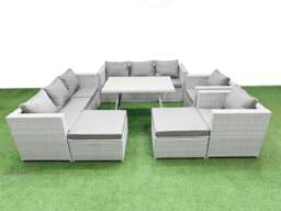 Rackhams 10 Seater Garden Furniture Set PE Rattan Garden Sofa Set with Rectangular Dining Table 2 Big Stool Light Grey - thumbnail 1