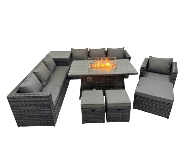Rackhams 10 Seater Garden Outdoor Rattan Furniture Set Patio Corner Sofa Gas Fire Pit Dining Table with Side Table 3 Stools Dark Grey - image 1