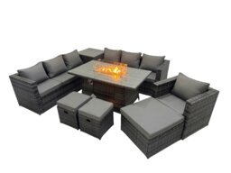 Rackhams 10 Seater Garden Outdoor Rattan Furniture Set Patio Corner Sofa Gas Fire Pit Dining Table with Side Table 3 Stools Dark Grey - thumbnail 2