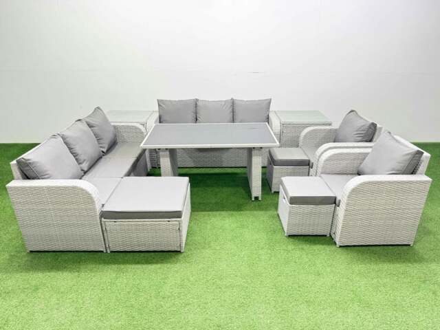 Rackhams 11 Seater Wicker PE Rattan Furniture Outdoor Dining Table 3 Seater Sofa Reclining Chair Set with 2 Side Tables 3 Stools Light Grey - image 1