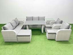 Rackhams 11 Seater Wicker PE Rattan Furniture Outdoor Dining Table 3 Seater Sofa Reclining Chair Set with 2 Side Tables 3 Stools Light Grey - thumbnail 1