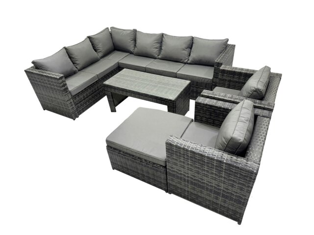 Rackhams 6 Pieces Outdoor PE Rattan Garden Furniture Corner Sofa Oblong Coffee Table Set with Cushions Big Footstool Dark Grey Mixed - image 1