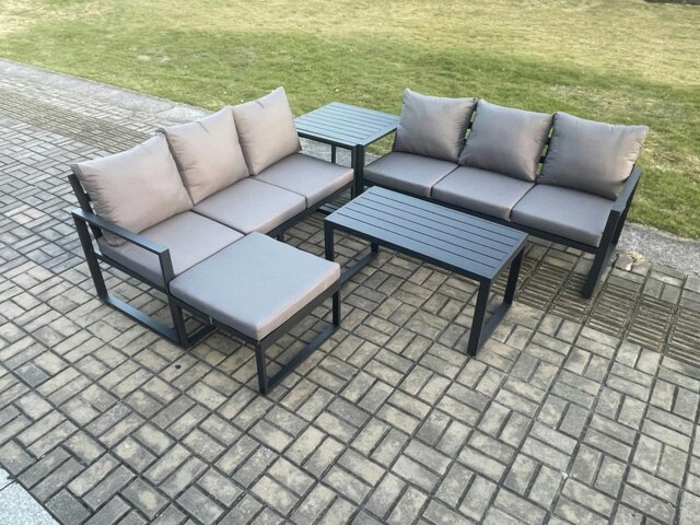 Rackhams Aluminium 5 Pieces Outdoor Garden Furniture Lounge Sofa Set with Oblong Coffee Table Big Footstool Side Table Dark Grey - image 1