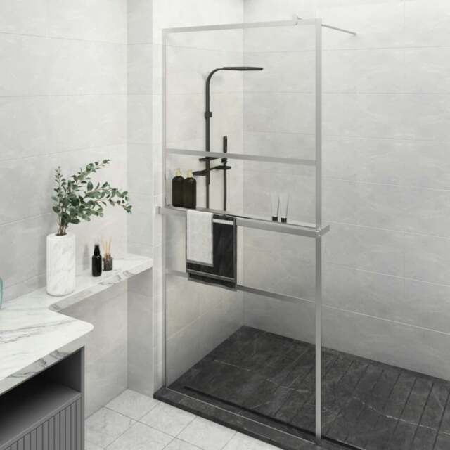 Rackhams Walk-in Shower Wall with Shelf Chrome 90x195 cm ESG Glass&Aluminium - image 1