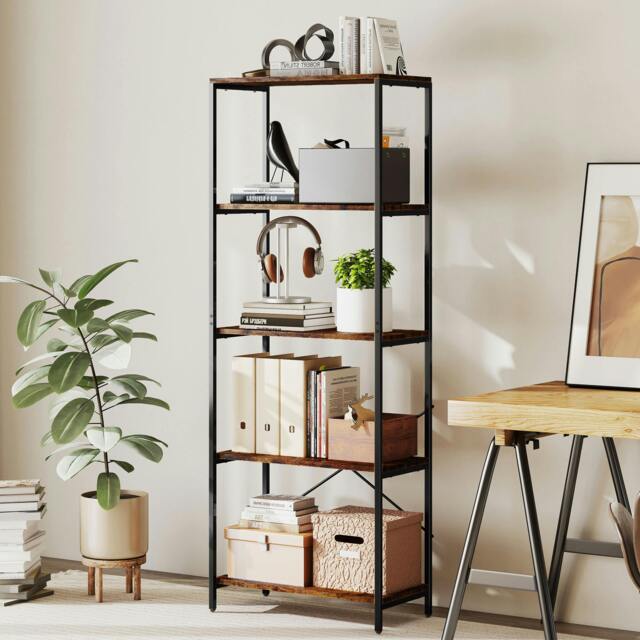 Rackhams Industrial Bookshelf, Freestanding Bookcase, Dark Grey and Black - 79W x 35D x 161H cm - Rustic brown, black - 1 - image 1