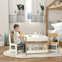 Rackhams 3-Piece Kids Table and Chair Set for Nursery, Playroom, Classroom - 61.5L x 61.5W x 48Hcm - Natural wood finish - thumbnail 1