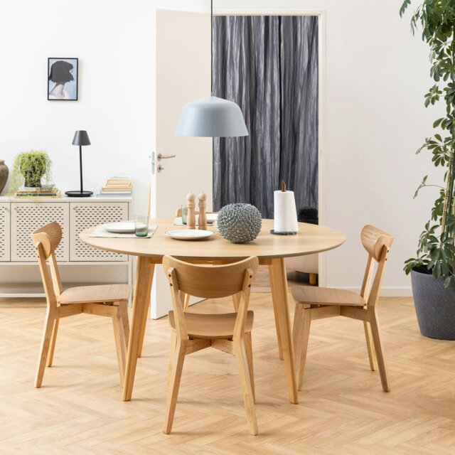 Rackhams Roxby Round Dining Table in Oak 105x76cm Included 4 Roxby Dining Chairs in Oak - Brown - No - Brown - image 1