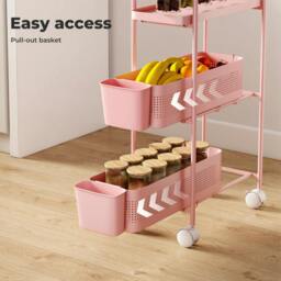 Rackhams 3 Tier Narrow Kitchen Trolley Cart with Pull-Out Baskets & Storage Bins - thumbnail 4