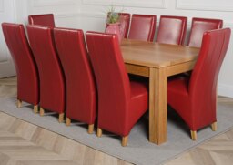 Rackhams Dakota Extra Large Oak Dining Table with Lola Leather Chairs - 10 chairs - Burgundy