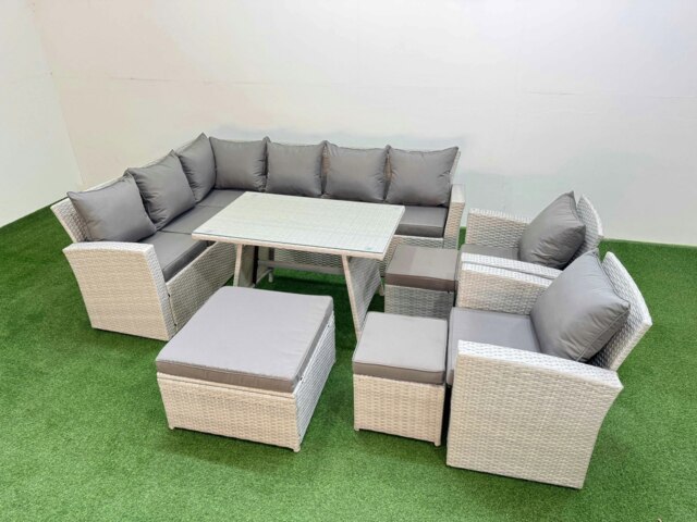 Rackhams Garden Outdoor Rattan Furniture Set Rattan Corner Sofa Oblong Dining Table with 2 Armchairs 3 Footstools Light Grey Mixed 11 Seater - image 1
