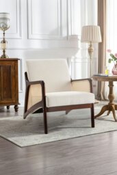 Rackhams Corduroy Beige Armchair with Rattan Armrest - Beige - thumbnail 2