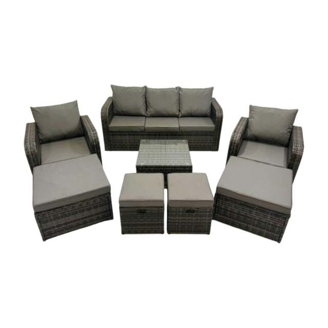 Rackhams 3 Seater Sofa Reclining Chair Coffee Table Set Rattan Garden Outdoor Furniture Set with 4 Stools Dark Grey Mixed - image 1