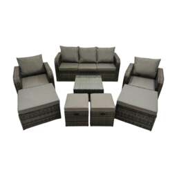 Rackhams 3 Seater Sofa Reclining Chair Coffee Table Set Rattan Garden Outdoor Furniture Set with 4 Stools Dark Grey Mixed - thumbnail 1