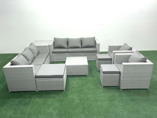 Rackhams Outdoor Rattan Sofa Garden Furniture Set with 2 Armchairs Square Coffee Table 3 Footstools Side Table Light Grey Mixed - image 1