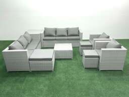 Rackhams Outdoor Rattan Sofa Garden Furniture Set with 2 Armchairs Square Coffee Table 3 Footstools Side Table Light Grey Mixed - thumbnail 2