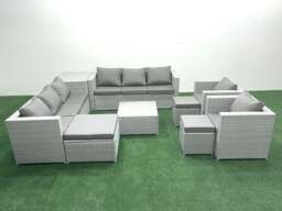 Rackhams Outdoor Rattan Sofa Garden Furniture Set with 2 Armchairs Square Coffee Table 3 Footstools Side Table Light Grey Mixed - thumbnail 1