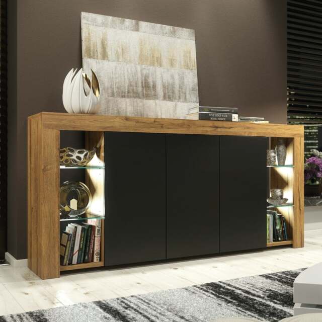 Rackhams Exclusive 164cm Sideboard TV Unit Oak Display Cabinet TV Stand Living Room & FREE LED - 164 cm - Oak Matt Body & Black Matt Doors - 1 - image 1