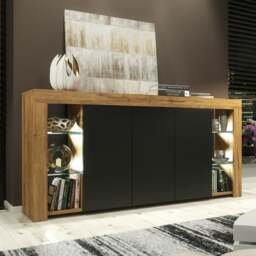 Rackhams Exclusive 164cm Sideboard TV Unit Oak Display Cabinet TV Stand Living Room & FREE LED - 164 cm - Oak Matt Body & Black Matt Doors - 1
