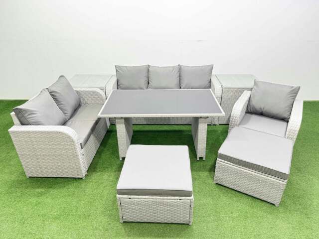 Rackhams Rattan Outdoor Table Reclining Chair Sofa Set with 2 Side Tables 2 Big Stools Light Grey 8 Seater - image 1