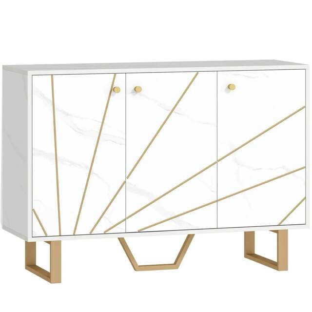 Rackhams Sideboard Storage Cabinet, Modern Storage Cupboard with Adjustable Shelves and Metal Legs, White Marble Tone