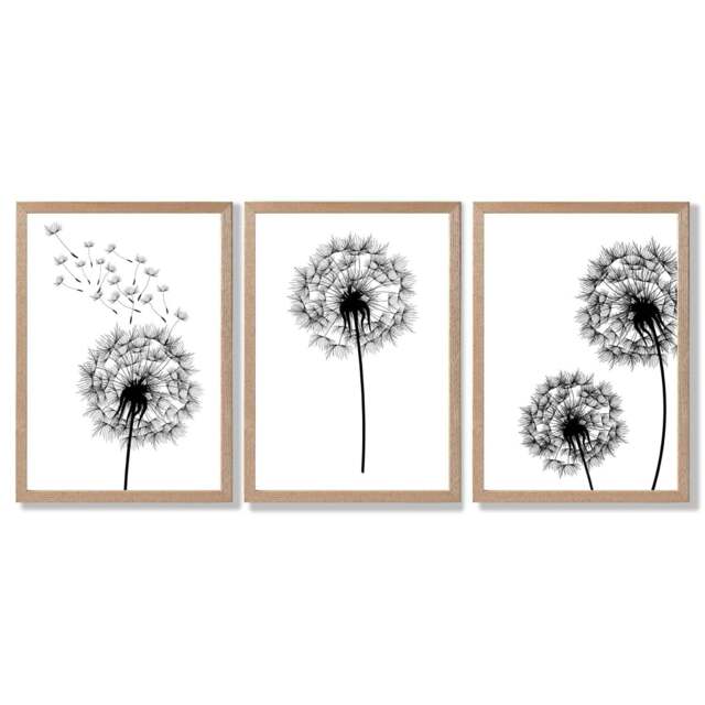 Rackhams DANDELIONS Set of 3 Framed Sketch Wall Art Prints - 30x42cm (A3) - Light Oak - image 1