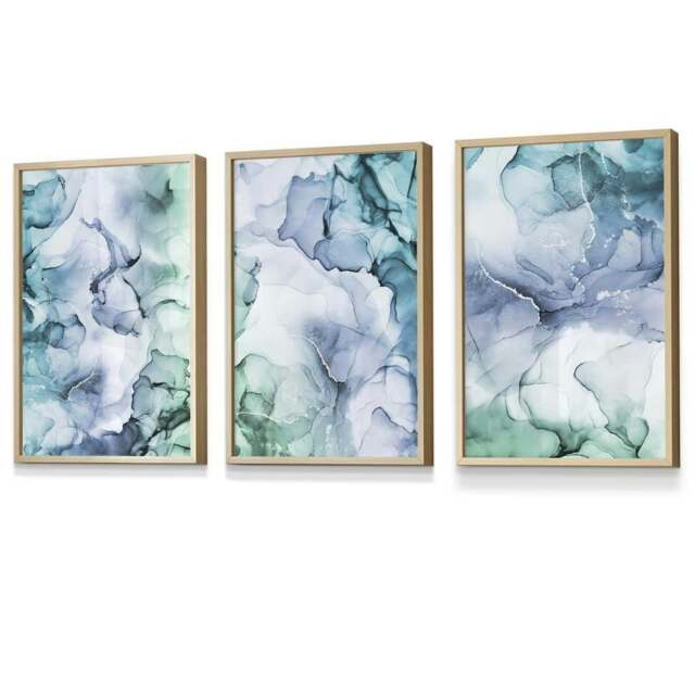 Rackhams Set of 3 Abstract Floral Fluid in Blue Green and Purple Framed Wall Art - 59x84cm (A1) - Light Oak - image 1