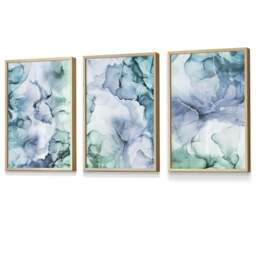 Rackhams Set of 3 Abstract Floral Fluid in Blue Green and Purple Framed Wall Art - 59x84cm (A1) - Light Oak