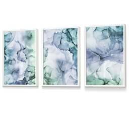Rackhams Set of 3 Abstract Floral Fluid in Blue Green and Purple Framed Wall Art - 59x84cm (A1) - Light Oak - thumbnail 5