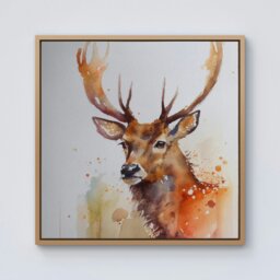 "Rackhams Majestic Stag Watercolour Framed Canvas - 10"" x 10"" - Pine" - thumbnail 1