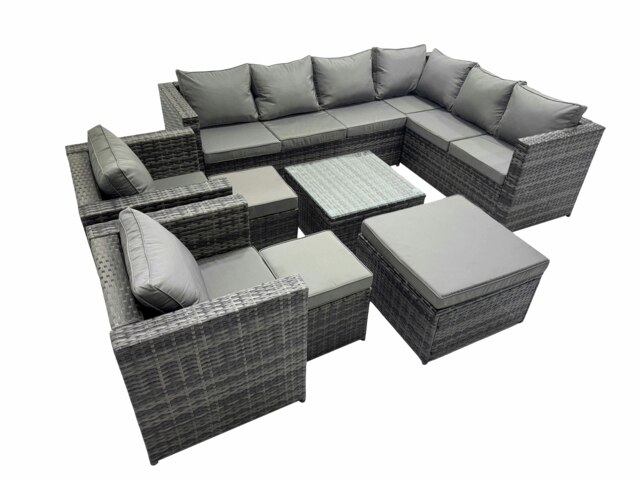 Rackhams Outdoor PE Rattan Garden Furniture Sofa Set with Square Coffee Table 3 Stools 2 Chair Dark Grey - image 1