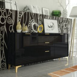 Rackhams Luxury 140cm Black High Gloss TV Unit Stand Sideboard with Gold Finish Accents - 140cm - Black - MDF/Chipboard