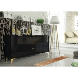 Rackhams Luxury 140cm Black High Gloss TV Unit Stand Sideboard with Gold Finish Accents - 140cm - Black - MDF/Chipboard - thumbnail 2