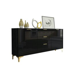 Rackhams Luxury 140cm Black High Gloss TV Unit Stand Sideboard with Gold Finish Accents - 140cm - Black - MDF/Chipboard - thumbnail 4