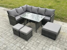 Rackhams Wicker Rattan Garden Furniture Corner Sofa Set with Oblong Dining Table 3 Footstools 9 Seater Outdoor Rattan Set Dark Grey Mixed - thumbnail 1