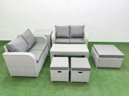 Rackhams 7 Seater Outdoor Love Sofa Set Rattan Garden Furniture Set with Oblong Coffee Table 3 Footstool Side Table Light Grey - thumbnail 1