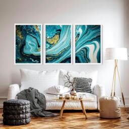 Rackhams Teal painting - set of 3 Abstract Marble wall art prints - A2 16.54 x 23.39 in / 42 x 59.4 cm - Matte Museum Quality Art Paper 290 gsm - Oak Frame - thumbnail 1