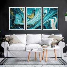Rackhams Teal painting - set of 3 Abstract Marble wall art prints - A2 16.54 x 23.39 in / 42 x 59.4 cm - Matte Museum Quality Art Paper 290 gsm - Oak Frame - thumbnail 2