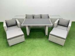 Rackhams Patio Garden Furniture Sets with Black Glass Top Dining Table Armchair 3 Seater Sofa 2 Side Tables 2 Big Stool Light Grey
