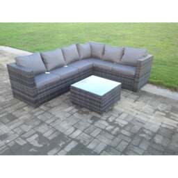 Rackhams Rattan Corner Sofa Set Square Coffee Table Outdoor Garden Furniture In Dark Grey Mix 6 Seater With Seat And Back Cushion Left Corner