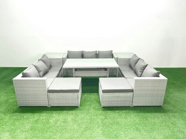Rackhams Rattan Garden Outdoor Furniture Set 11 Seater Garden Sofa Rectangulr Dining Table Set with 2 Big Footstools 2 Side Tables Light Grey Mixed - image 1