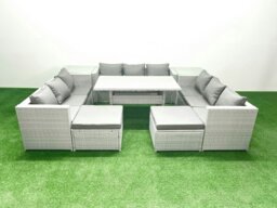 Rackhams Rattan Garden Outdoor Furniture Set 11 Seater Garden Sofa Rectangulr Dining Table Set with 2 Big Footstools 2 Side Tables Light Grey Mixed - thumbnail 2